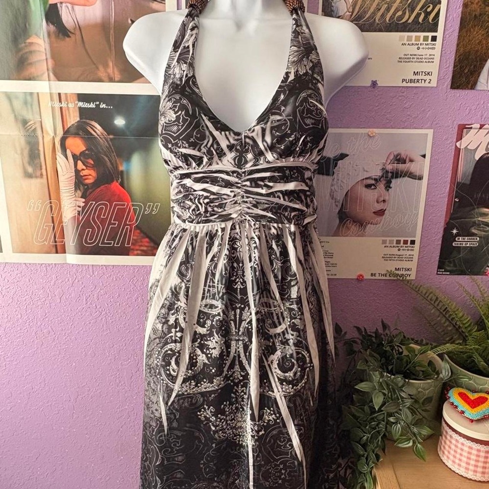 Halter Dress Beaded Neckline Rhinestone Print Size L